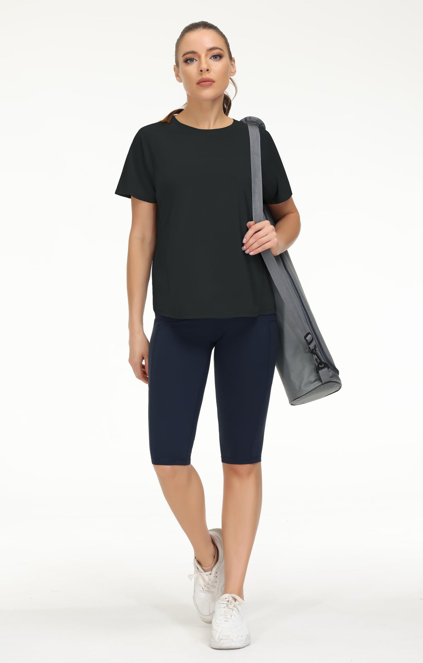 THE GYM PEOPLE Women's Short Sleeve Workout Shirts Breathable Yoga T-Shirts with Side Slits Athletic Tee Tops Dark Grey