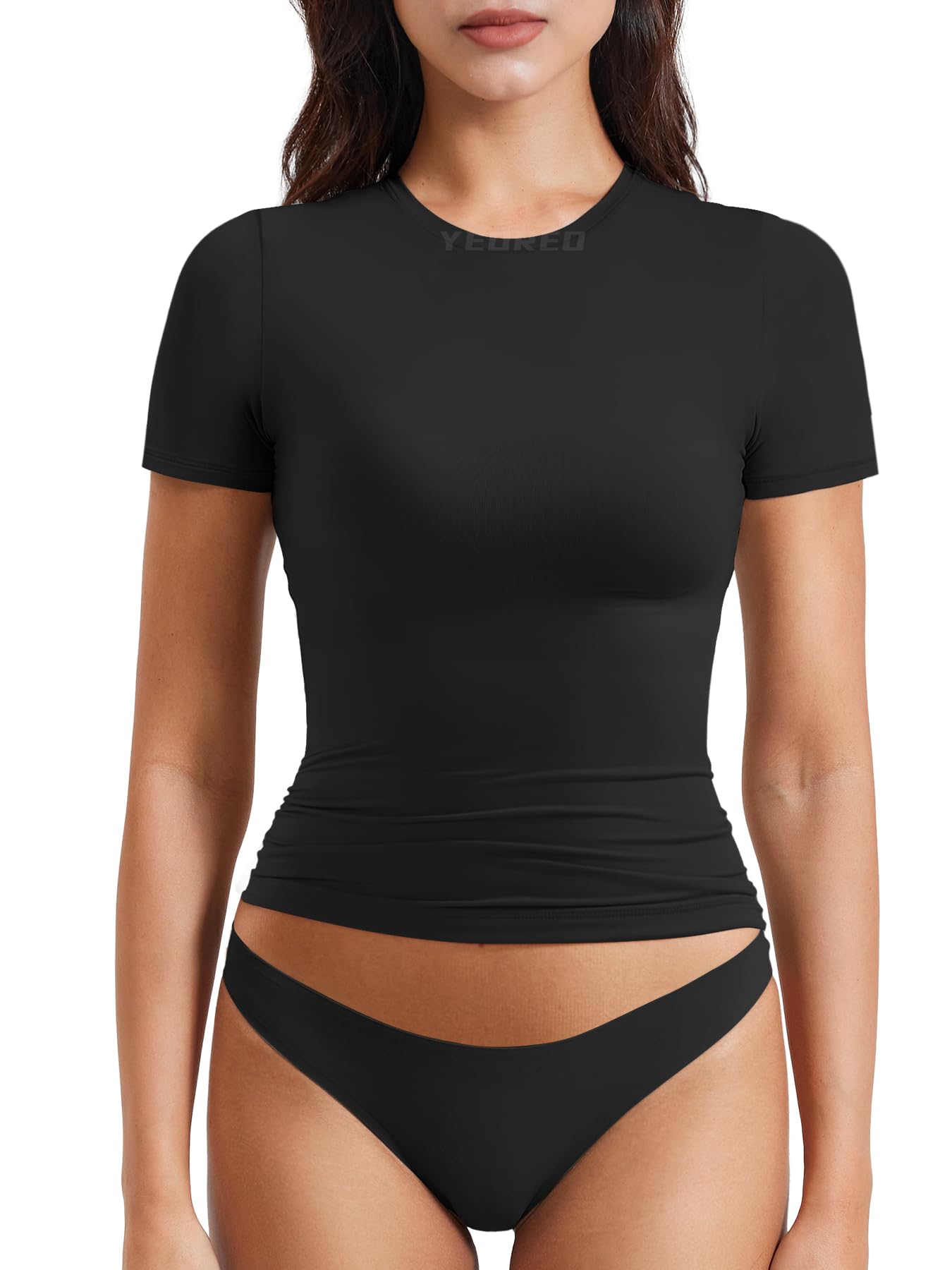 YEOREO Women Fitted Workout Tops Short Sleeve Double Lined Basic Y2K Going Out Crew Neck Compression Crop Top Black M