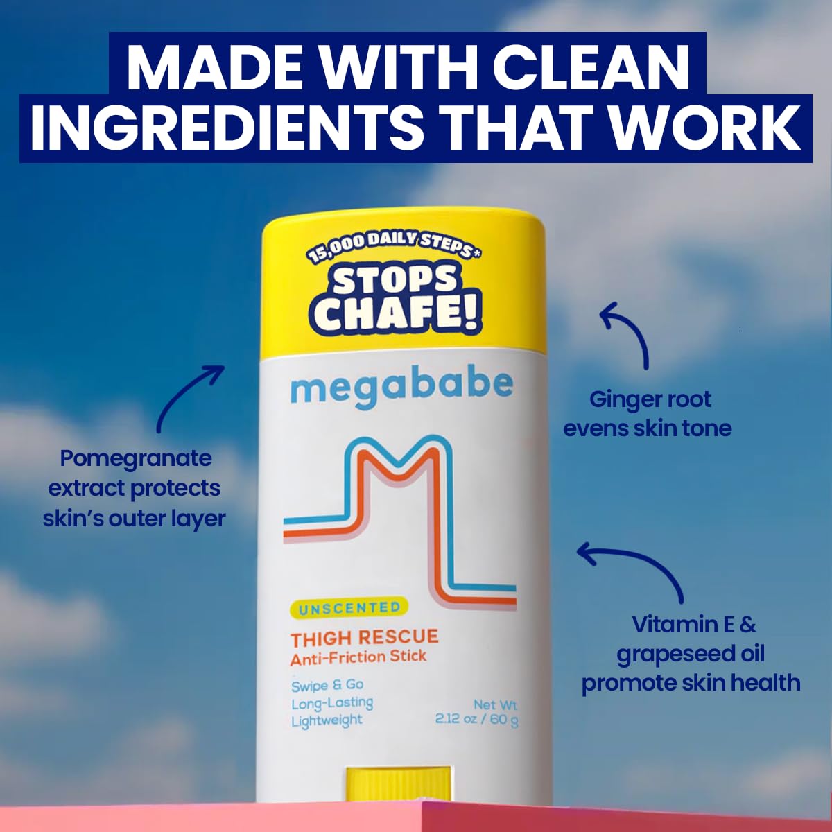 Megababe Unscented Thigh Rescue Anti-Chafe Stick | Prevents Skin Chafe & Irritation | Thighs, arms, bra-lines & more | Vacation and Hot Weather Essentials | 2.12oz