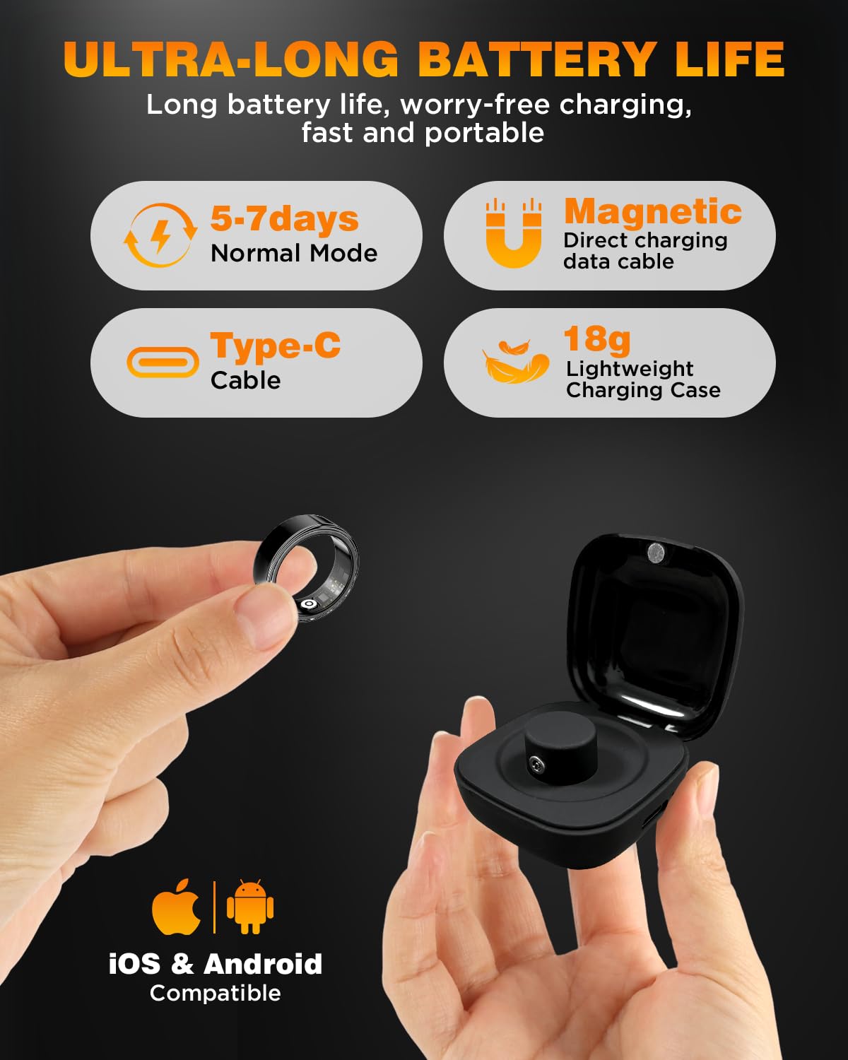 Smart Ring Health Tracker with Charging Case,Sleep,Heart Rate & Blood Oxygen Monitor, 5ATM+IP68 Waterproof Fitness Ring, No Subscription,5-7Day Battery,iOS & Android Compatible for Men Women Black 8#