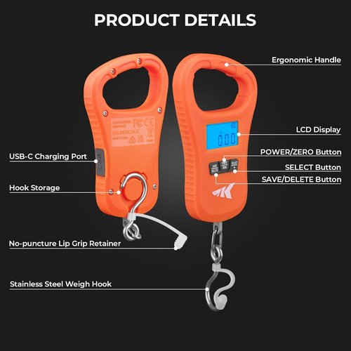 KastKing ToughTide Fishing Scale - Ultra-Thin Digital Design, 65lb Capacity, USB Charging, LCD Display