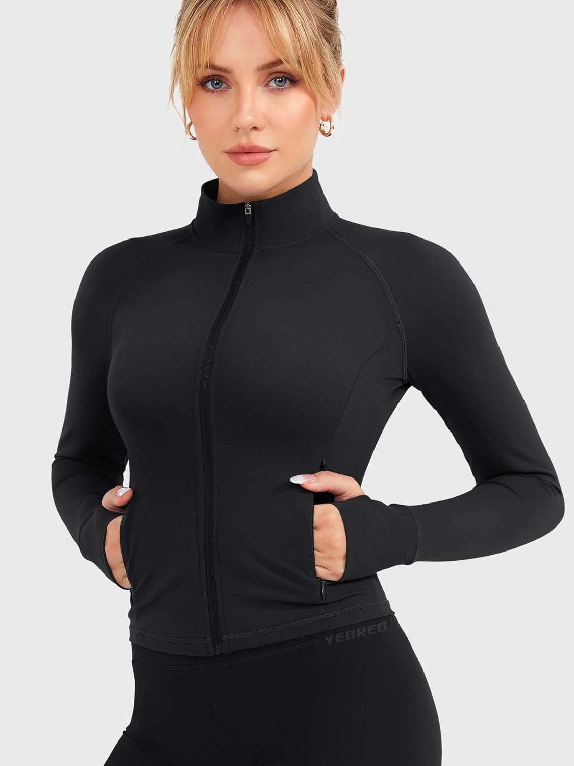YEOREO Women's Full Zip Workout Jacket - Cropped Athletic Top with Pockets & Thumb Holes
