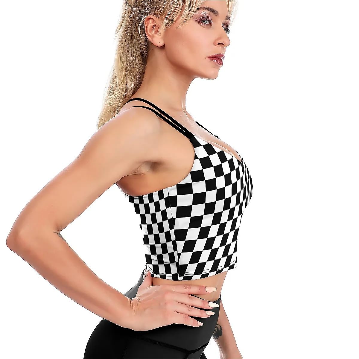 Black White Race Checkered Flag High Impact Sports Bras for Women Longline Padded Workout Running Crop Tops Support Yoga Tank Tops M
