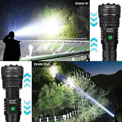 Flashlights High Lumens, Tactical Flashlight Super Bright, USB-C Rechargeable with Battery Display, 5 Modes & Adjustable Focus, Camping Emergency Light for Outdoor Home Security