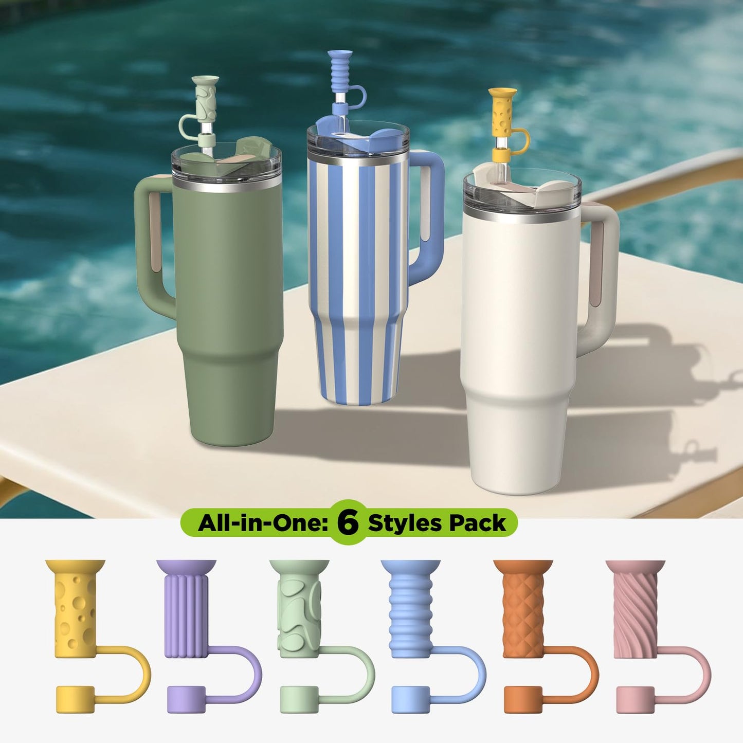 VOGOGE 6 Pcs Straw Cover Caps with Suction Base, 0.4in/10mm Straw Toppers for Stanley Cup 30/40 oz, Multicolor