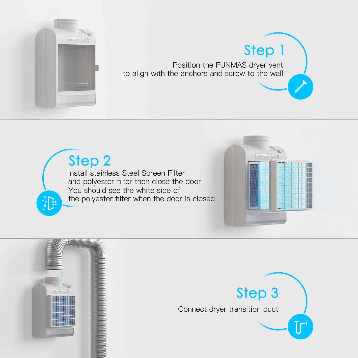 FUNMAS 3-in-1 Indoor Dryer Vent, Stainless Steel Screen Filter, Polyester Filter and Water Drawer System, Upgrade Safety Vent Flap, with 4 Pieces Polyester Filters, For Electric Clothes Dryers