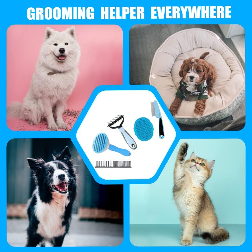 Skiennix Dog Brush Grooming Kit - 5-Piece Set for Shedding, Flea Comb & Slicker Brush | Blue