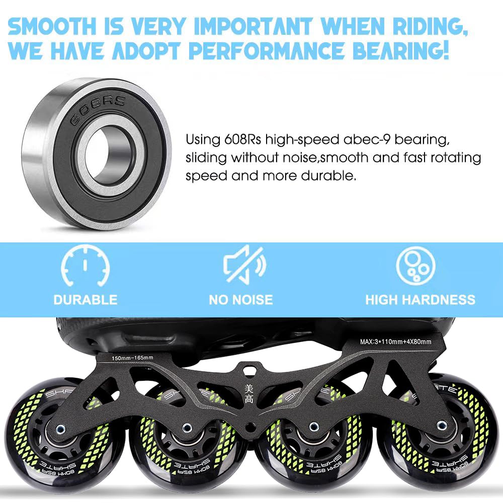 8 Pack Inline Skate Wheels 72mm, 76mm, 80mm - ABEC9 Bearing - 85A Durometer PU - Compatible with Rollerblade, Roller Derby, K2 Skate (A Black/80MM)