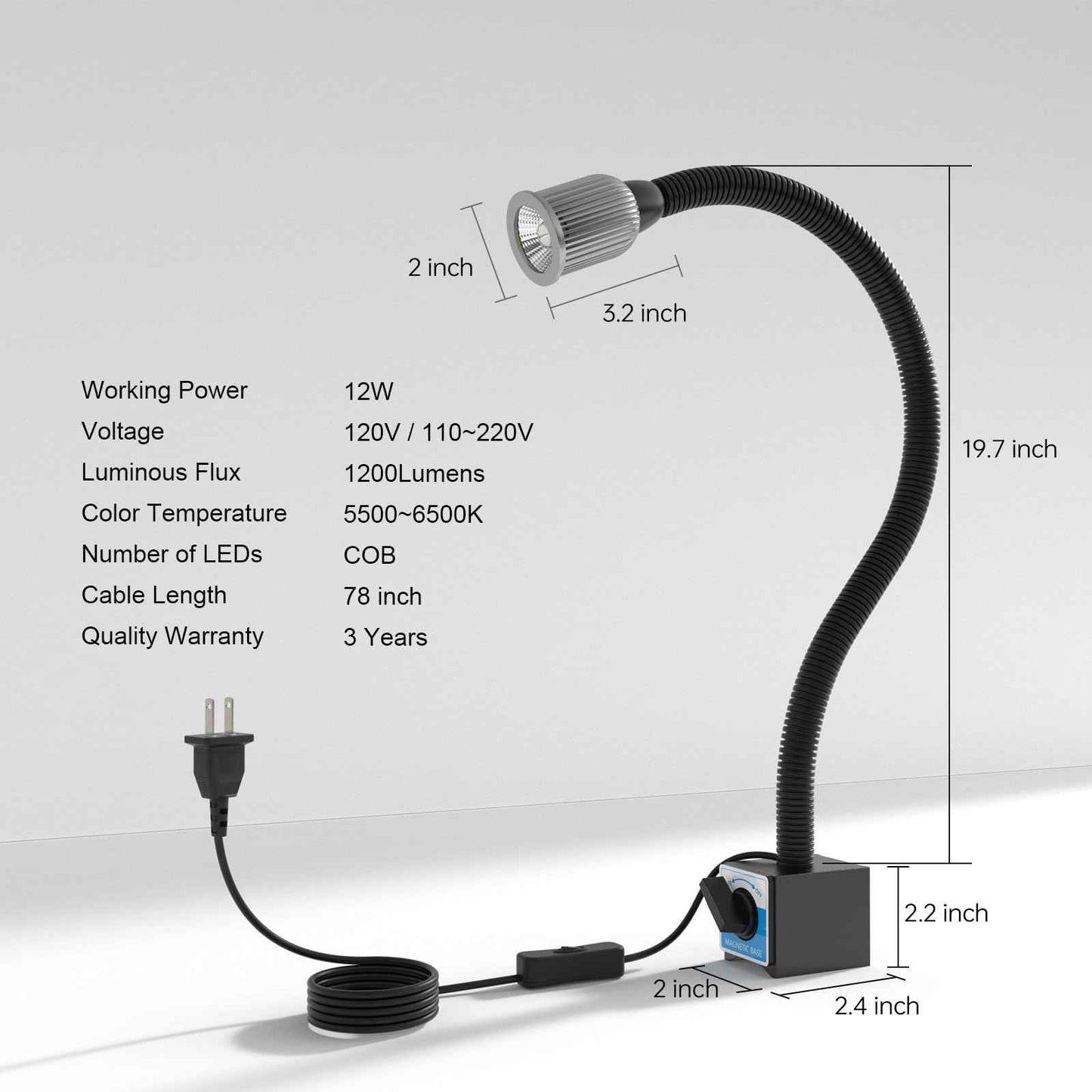 LED Magnetic Work Light, 1200lumens 20in Flexible Gooseneck Work Lamp with Strong Magnetic Base for Lathe Machines, Workbenches, 120V 12W