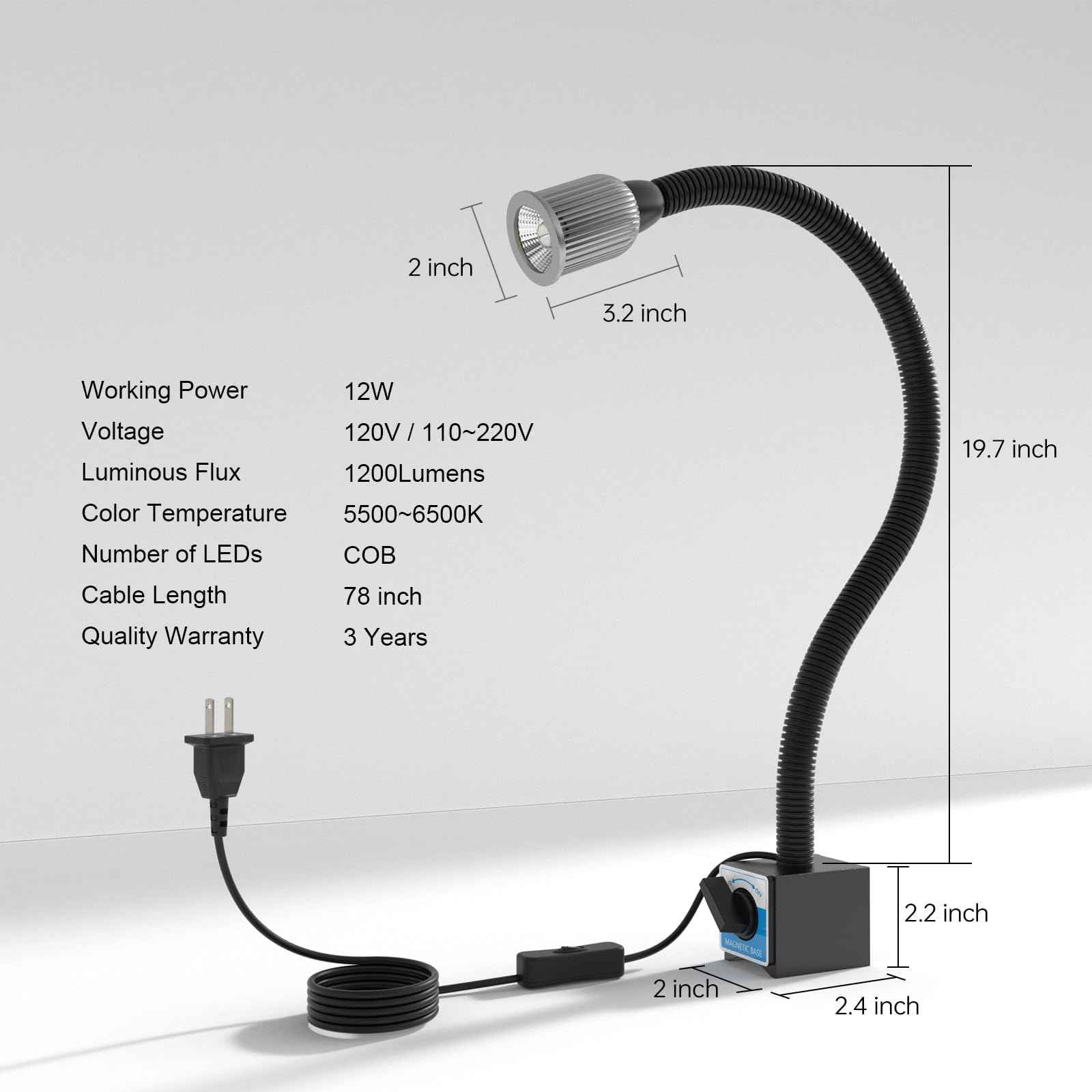 LED Magnetic Work Light, 1200lumens 20in Flexible Gooseneck Work Lamp with Strong Magnetic Base for Lathe Machines, Workbenches, 120V 12W