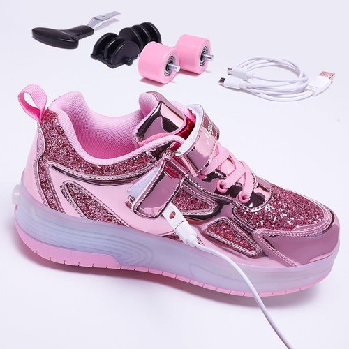 GIMKOUNN Roller Shoes Girls Sneakers USB Rechargeable 2 Wheels Shoes Roller Skates for Beginner Trainers Shoe 16 Modes LED Light Up Sneaker for Kids Boys Stylish Footwear Size 6.5