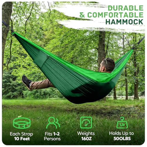 PUPTILY Green Camping Hammock with Tree Straps - Lightweight Portable Nylon Outdoor Swing, Double or Single, Orange