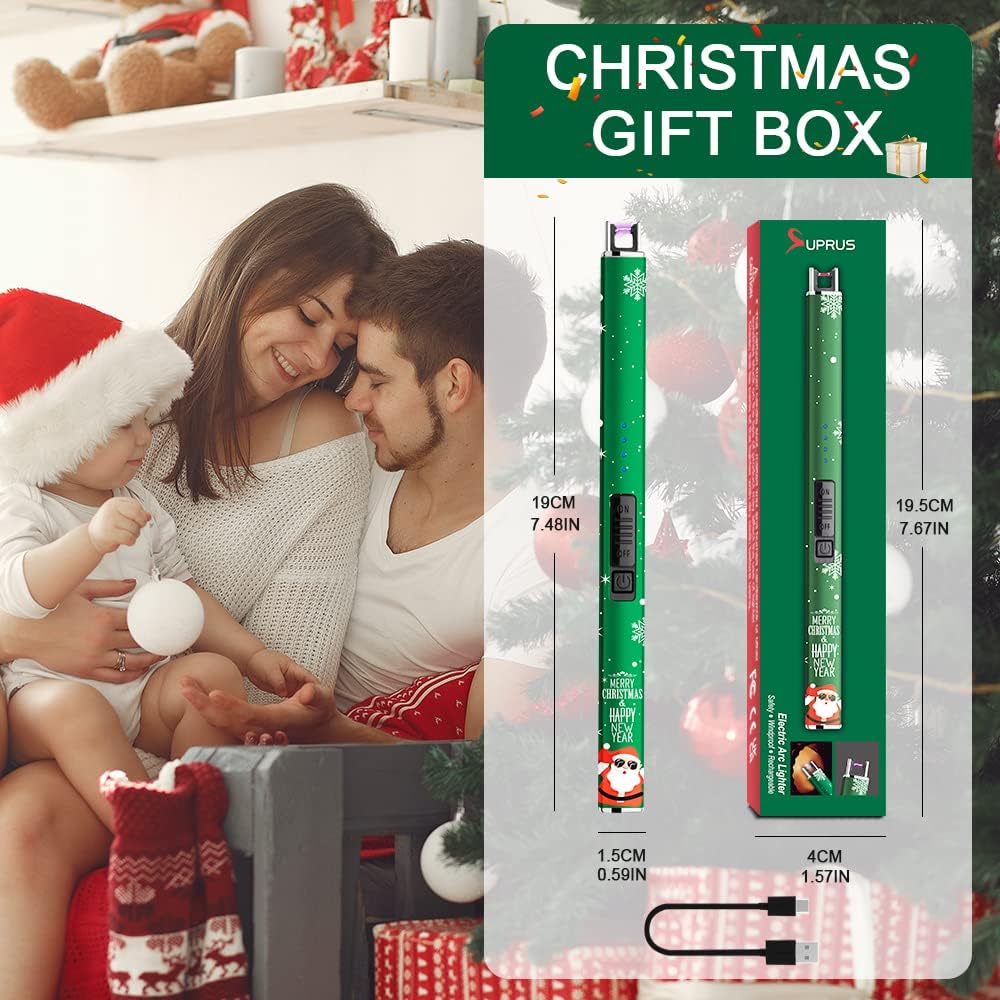 SUPRUS Electric Lighter - Windproof Flameless USB Rechargeable with Safety Lock | Christmas Green