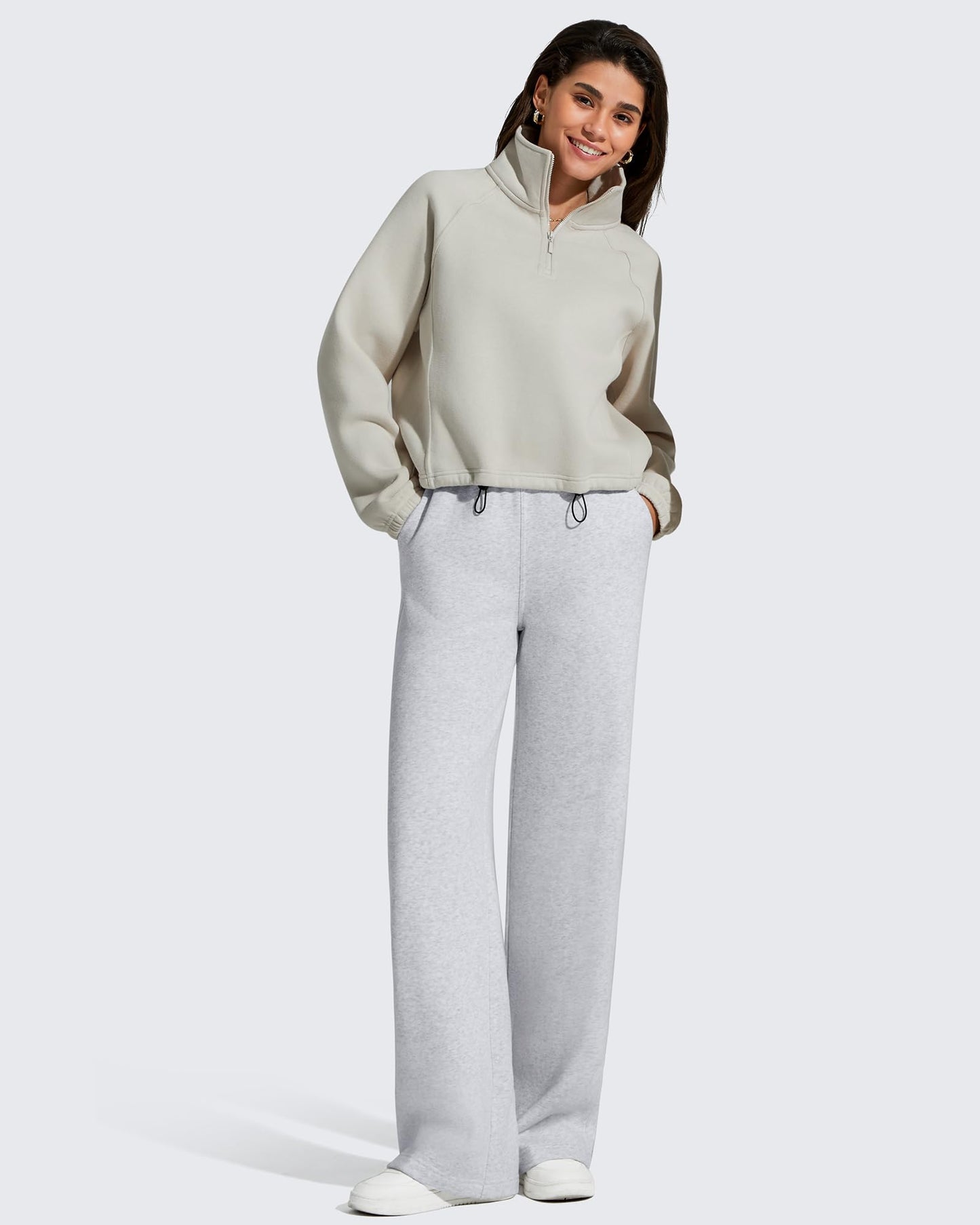 G4Free Fleece Lined Pants Women Comfy Cotton Wide Leg Pants Gray Sweatpants Baggy Elastic Waist Pants Winter Clothing (Light Heather,S,29'')