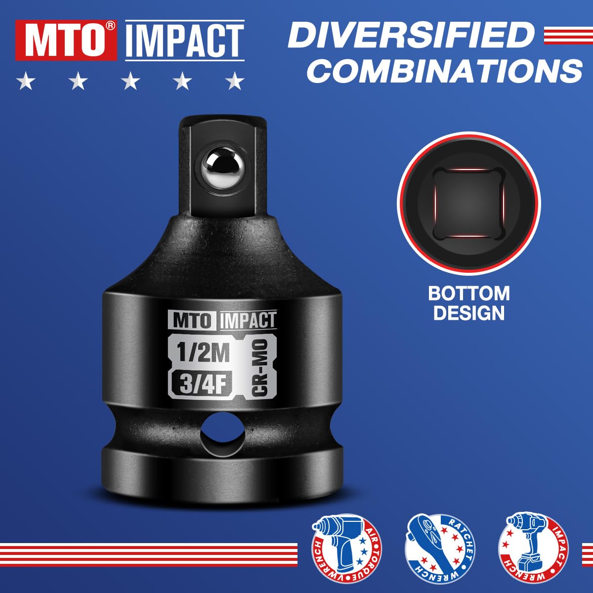MTO 3/4" Female to 1/2" Male Impact Socket Adapter, 3/4-Inch Impact Socket Adapter Reducer, Chrome Molybdenum Alloy Steel