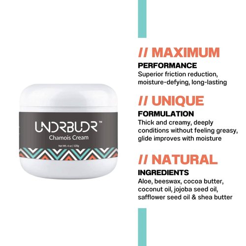 UNDRBUDR Chamois Cream for Cycling, Runners, Athletes - Anti Chafing Cream for Men and Women with Aloe, Shea Butter & Vitamin E - Reduces Saddle Sores, Low Friction Formula (4 oz)