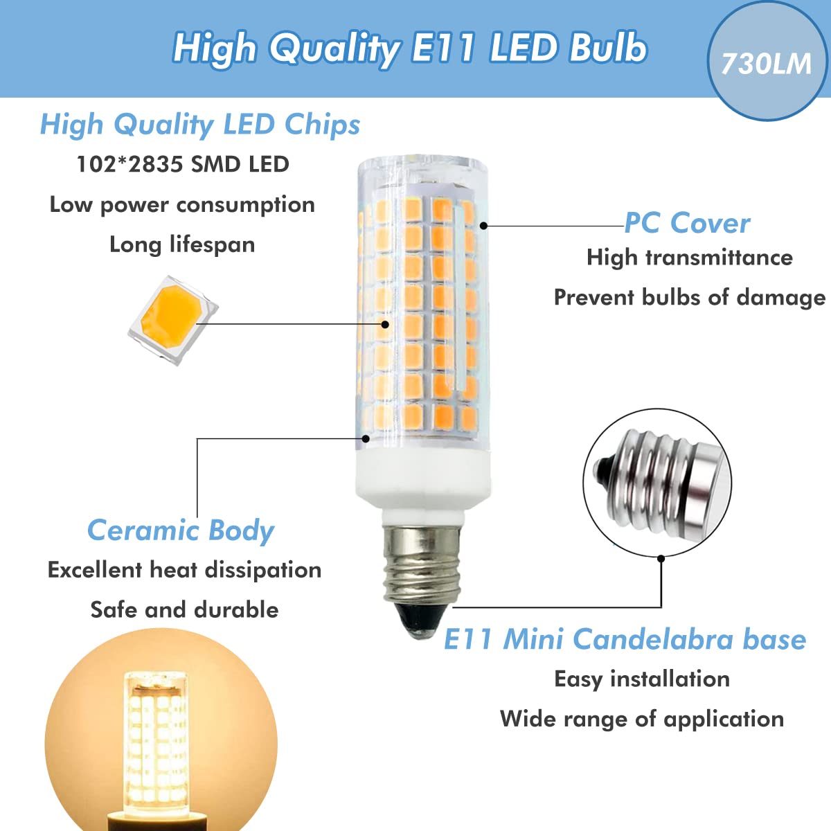 ZSSXOLED E11 LED Bulb 7W Dimmable E11 Mini Candelabra Base 75W Halogen Equivalent, T3/T4 JD E11 LED Light Bulb for Chandelier Cabinet Ceiling Fan Decorative Lighting Warm White 3000K (Pack of 2)