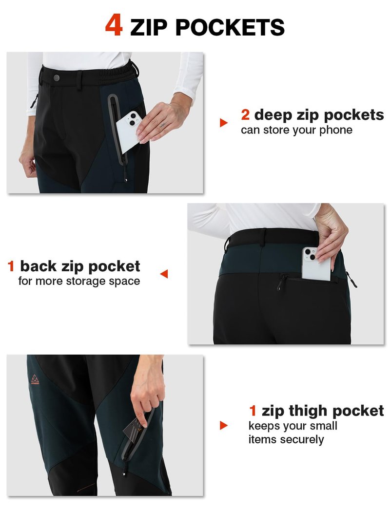 TBMPOY Women's Fleece Lined Ski Snow Pants Waterproof Winter Cargo Hiking Warm Thermal Softshell Insulated Outdoor Pant Black M