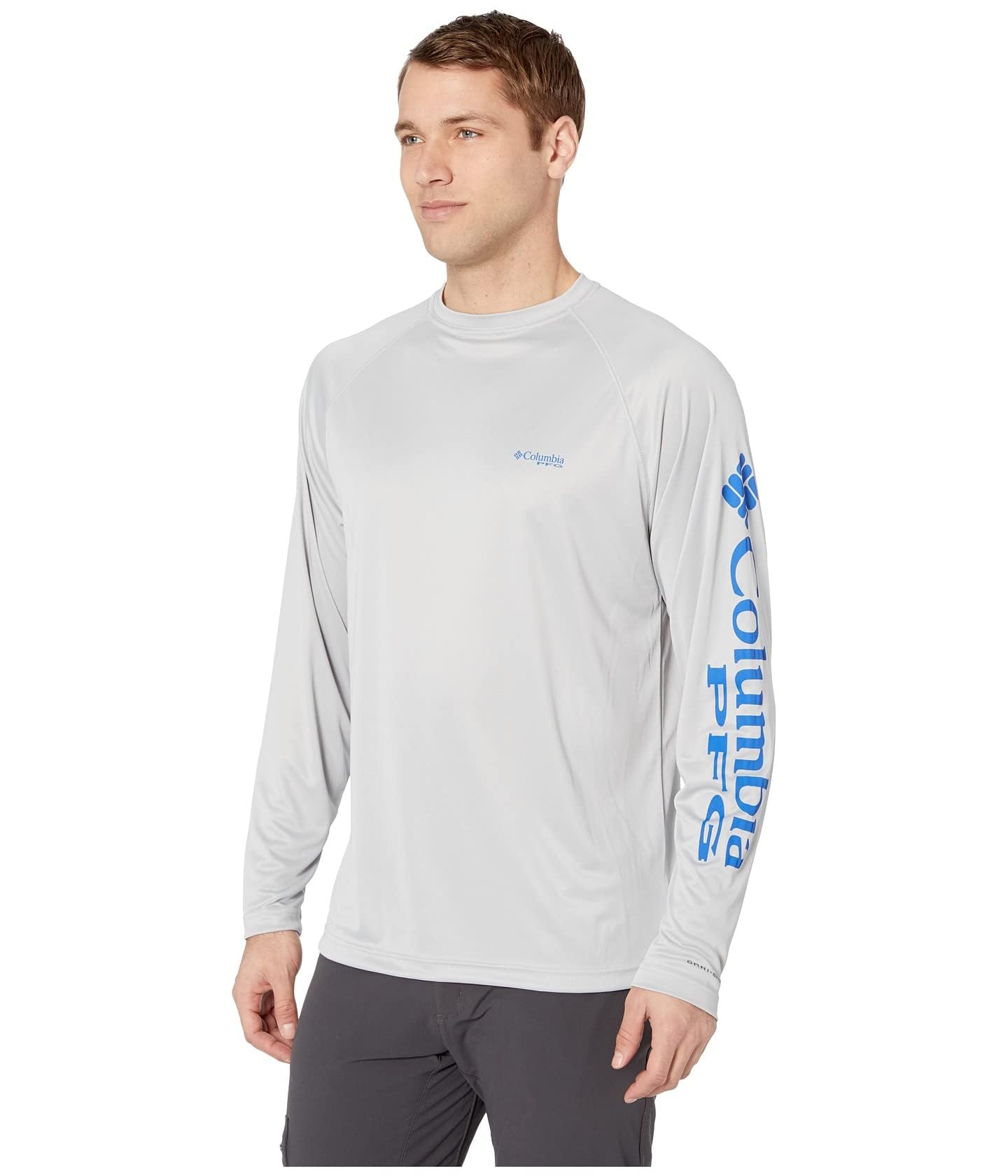Columbia Men's PFG Terminal Tackle Long Sleeve Fishing Shirt, Cool Grey/Vivid Blue Logo, 2X