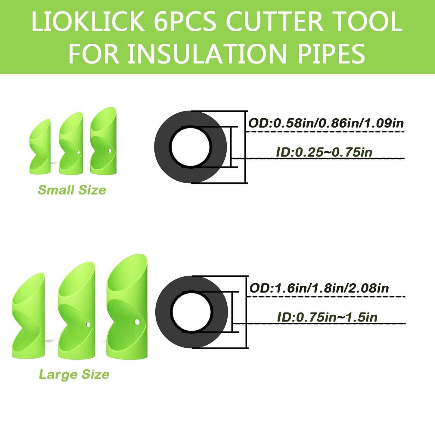 6PCS Foam Pipe Insulation Cutter Tool, Cutting Guide Clip Jig for Homes, Industries and Commercial Places, Versatile Foam Pipe Insulation Cutter Fixture 15mm, 22mm, 28mm, 40mm, 46mm, 53mm【Green】