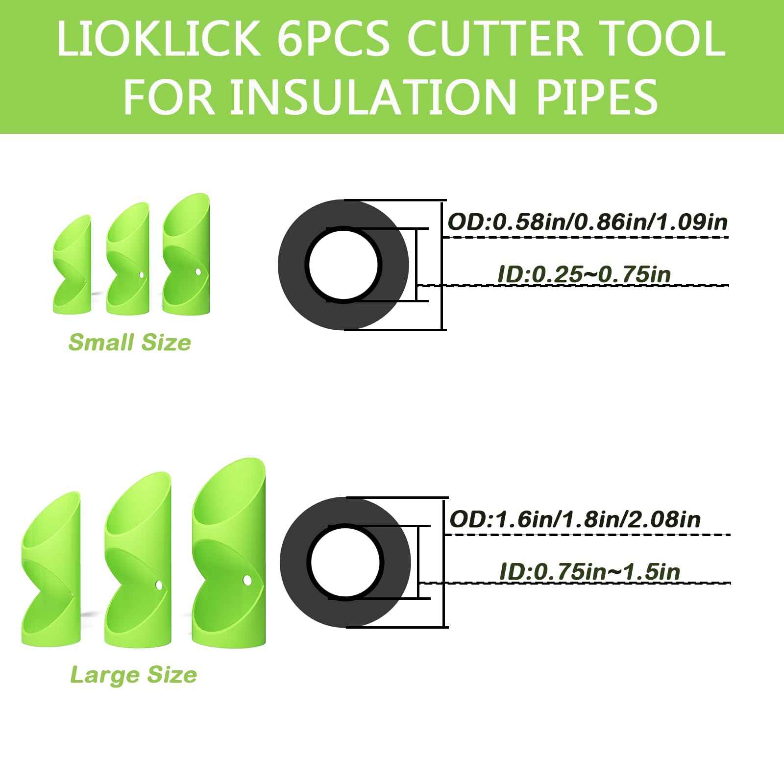 6PCS Foam Pipe Insulation Cutter Tool, Cutting Guide Clip Jig for Homes, Industries and Commercial Places, Versatile Foam Pipe Insulation Cutter Fixture 15mm, 22mm, 28mm, 40mm, 46mm, 53mm【Green】