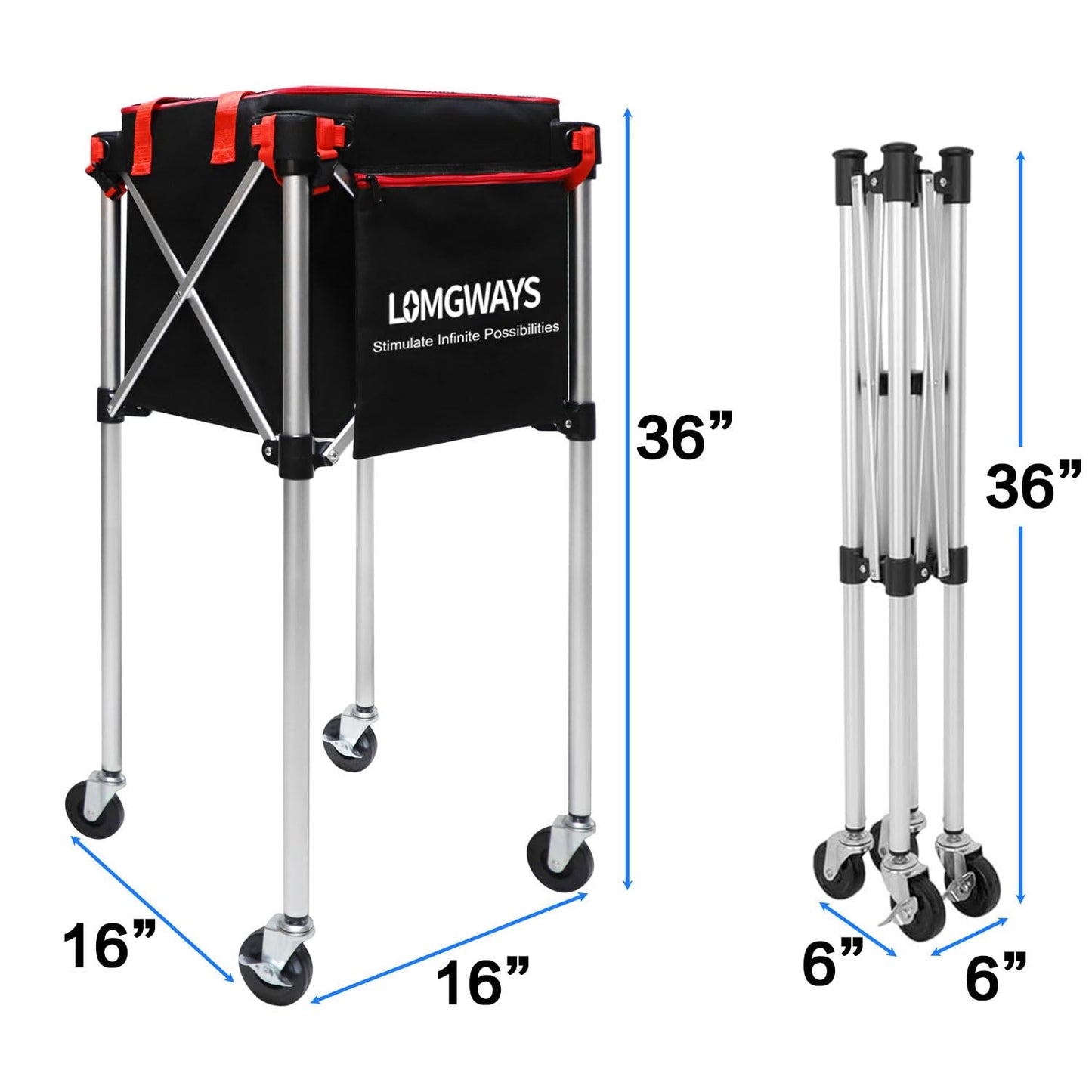 LOMGWAYS Pickleball Tennis Ball Hopper-Foldable Lightweight Tennis Ball Cart Holds 180 Tennis with Removable Bag,Wheel,Side Pocket for Training/Teaching, for Tennis/Pickleball/Baseball/Softball