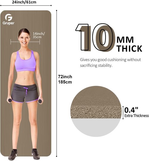 Gruper Yoga Mat - Extra Thick Non-Slip NBR Exercise Mat | 72"L x 32"/24"W x 0.6"/0.4"TH, Includes Carrying Strap & Bag