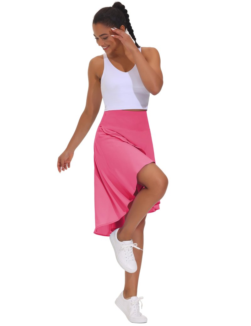 THE GYM PEOPLE Women's High Waist Wrap Ruffle Hem Asymmetric Skort High Low Flowy Midi Skirt with Shorts Bright Pink