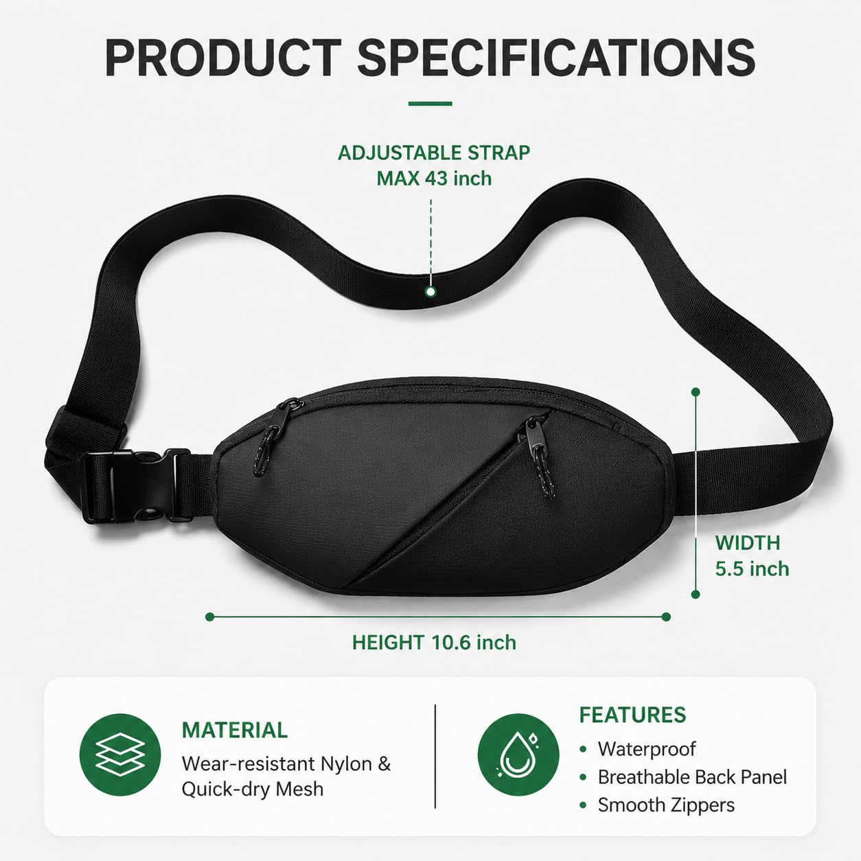 Simptech Sling Bag Fanny Pack Crossbody Chest Bag - Water Resistant Dual Pocket Waist Pack, Adjustable Running Belt & Phone Holder for Men Women Hiking Travel