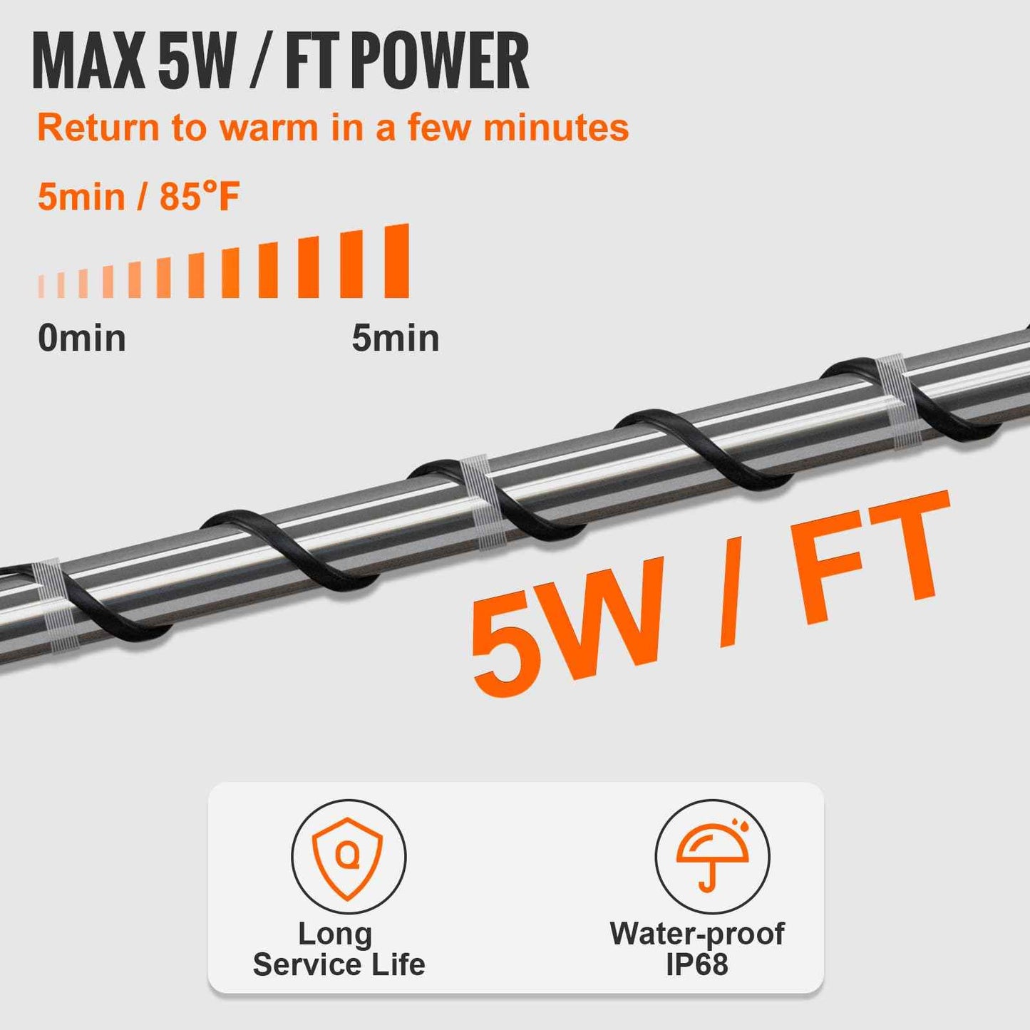 VEVOR Self-Regulating Pipe Heating Cable, 15FT 5W/FT Heat Tape for Pipes Freeze Protection, Water Pipe Heat Cable with Built-in Thermostat Protects PVC Hose, Metal and Plastic Pipe from Freezing