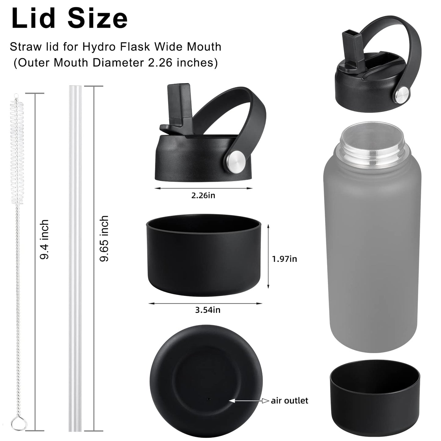 KMN Wide Mouth Straw Lid with Flip Top, Replacement Cap with Straw for Hydro Flask 18 32 40 oz Wide Mouth Water Bottle & 12 16 20 oz Coffee Flask, BPA-Free Leakproof Sports Lid (dark)