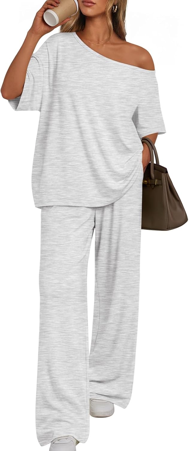 Trendy Queen Women's 2-Piece Lounge Set - Off Shoulder Oversized T-Shirt & Wide Leg Pants | Casual Travel Outfit