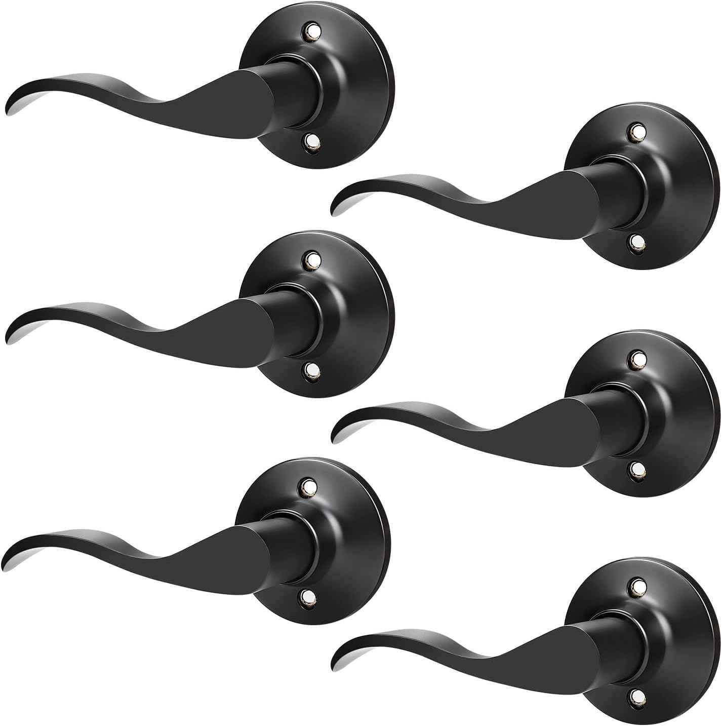 Black Privacy Door Levers - 6 Pack Keyless Modern Wave Handles for Bedrooms