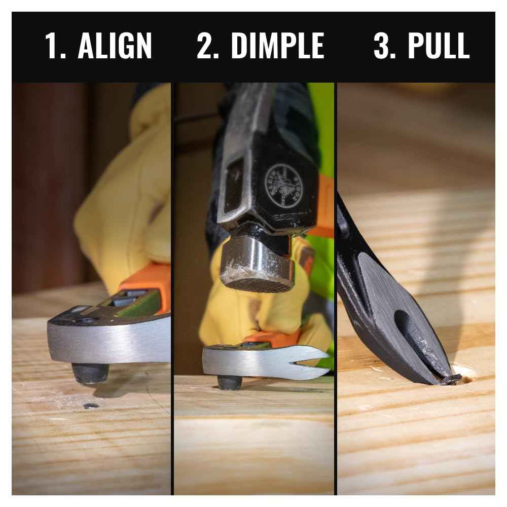 Klein Tools 66093 Nail Puller with Integrated Dimpler, Heavy-Duty Carbon Steel Cats Paw Pry Bar, 12-Inch