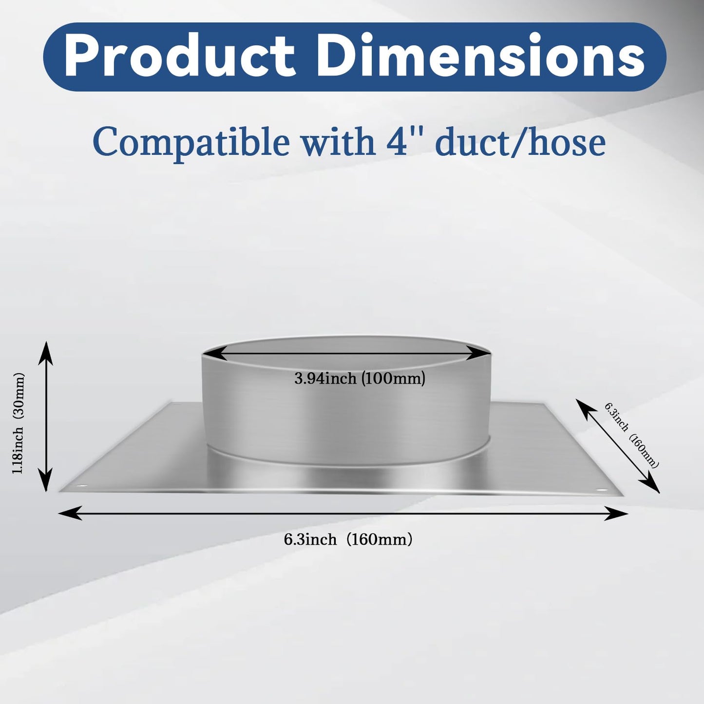 4 inch Duct Flange, Duct Connector Flange with Square Spigot Wall Plate, Galvanized Steel Dryer Vent Wall Plate, Adapter for Air Ventilation Systems, HVAC systems, Bathroom/Kitchen Extractor Fans, etc
