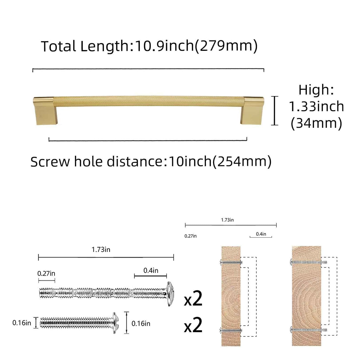 COTYKILEY 10 Pack 10 Inch(254mm) Brushed Brass Cabinet Handles Gold Knurled Kitchen Cabinet Pulls Cabinet Door Handles Kitchen Cabinet Hardware