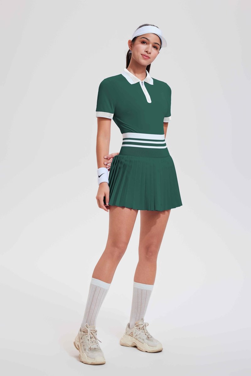 Tennis Skirt Sets for Women Zipper Color Block High Waisted Golf Polo Two Piece Skirt Set Women 2 Piece Outfits Green