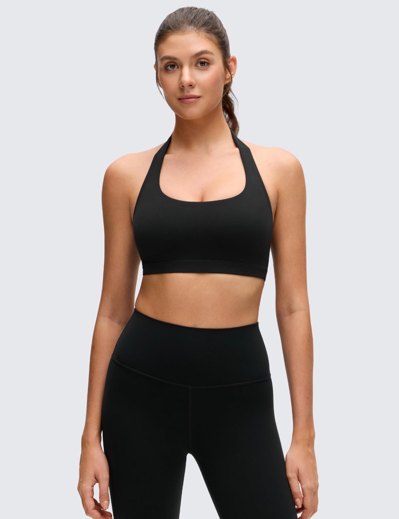 CRZ YOGA Butterluxe Halter Sports Bras for Women - Scoop Neck Padded Open Back Yoga Crop Gym Tops Low Impact Black Small