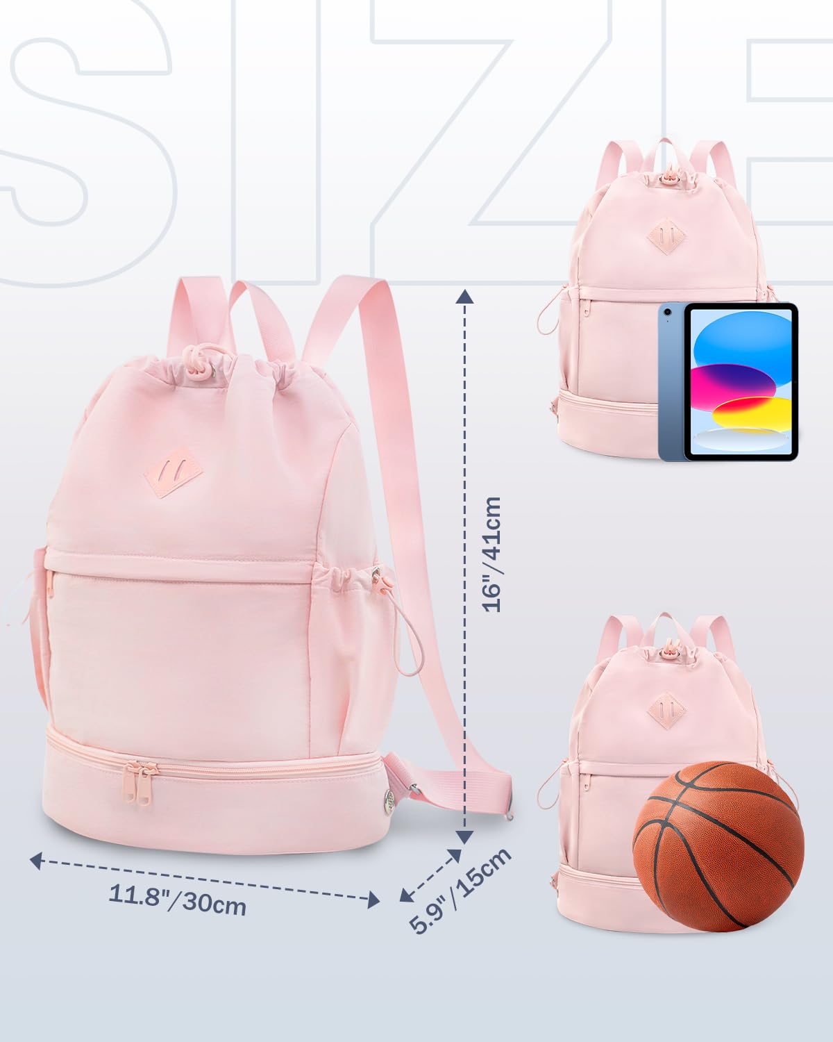RHDZO Drawstring Backpack Sports Gym Bag with Shoe Compartment and Wet Pocket String Swim Bag for Women Men Beach Backpack, Pink