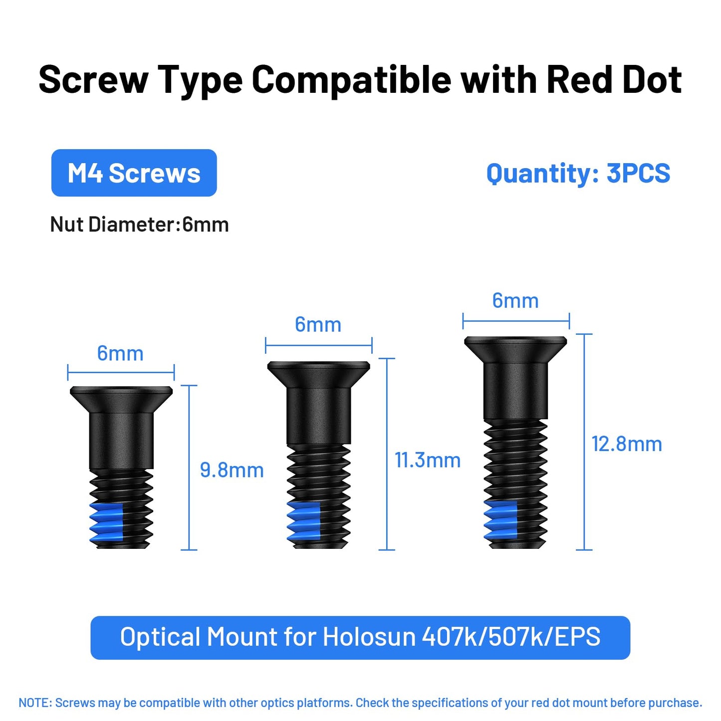 Vstranics 9Pcs Red Dot Screw Kit M4 Screws Diameter 6mm Includes 9.8mm/11.3mm/12.8mm for Red Dot Sight Optics and Mount Compatible with Holosun 407k/507k/EPS, Stainless Steel Blue Thread Locker