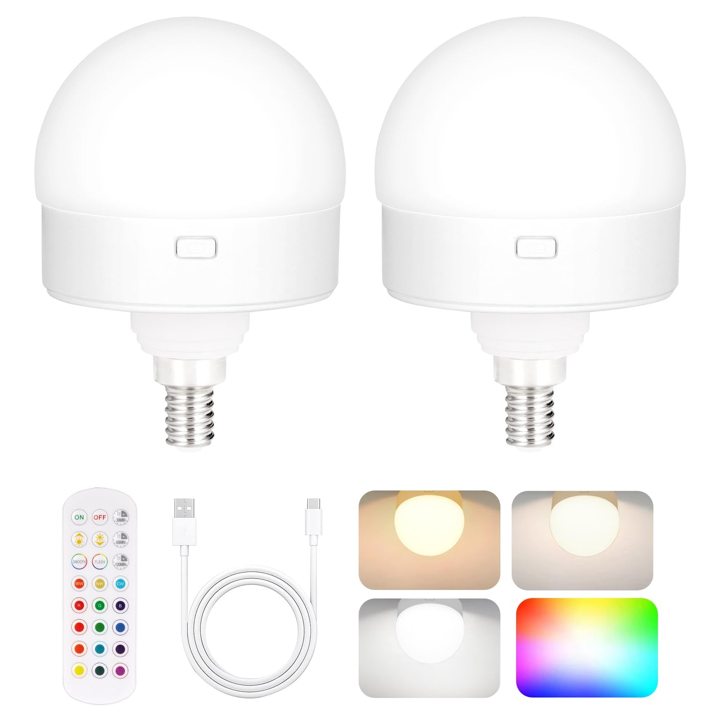 Yochoice 2-Pack E12 Rechargeable Battery Operated Light Bulb with Remote, Dimmable LED Bulb with 15 Colors Selectable & 3 Timer, Wireless Detachable Puck Light Bulb for Wall Sconce, Non-Hardwired