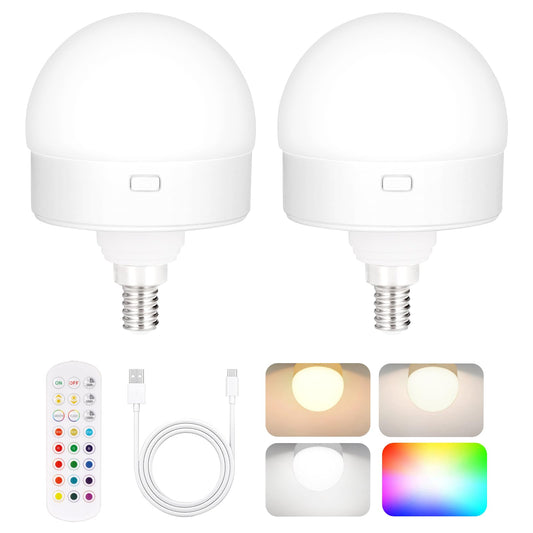 Yochoice 2-Pack E12 Rechargeable Battery Operated Light Bulb with Remote, Dimmable LED Bulb with 15 Colors Selectable & 3 Timer, Wireless Detachable Puck Light Bulb for Wall Sconce, Non-Hardwired
