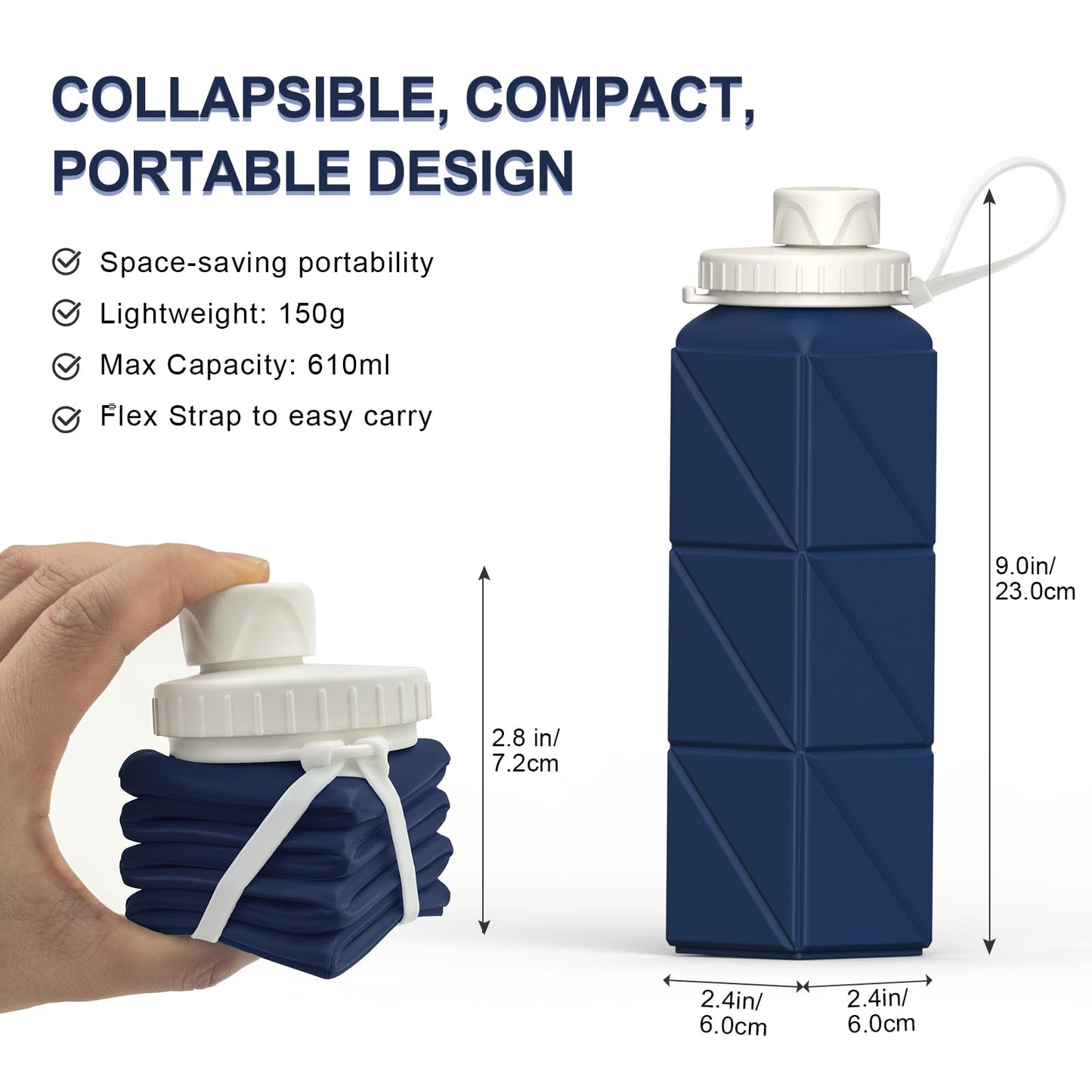 Collapsible Water Bottles 2 Pack, 21oz/610mL, Silicone Travel Water Bottle