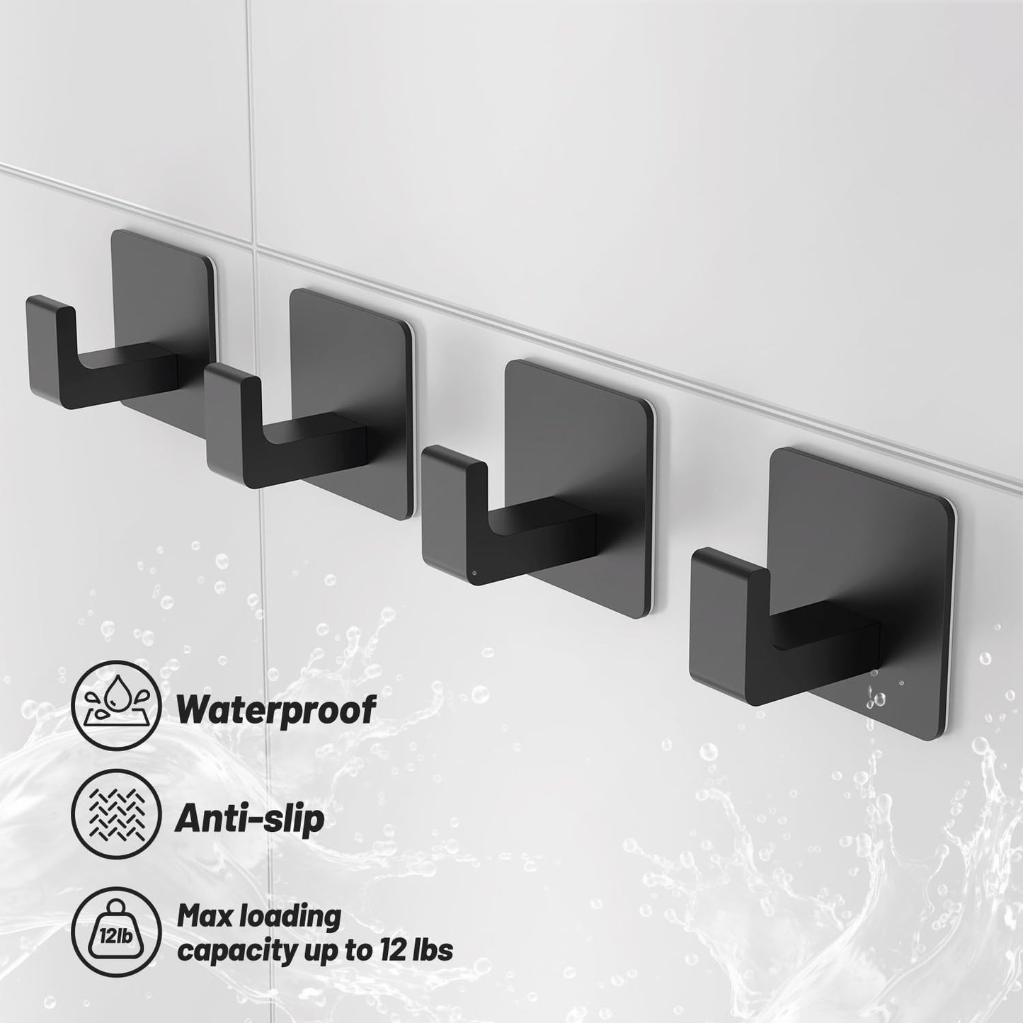 Fadroky Towel Hooks for Bathroom Adhesive, 4 Pack Matte Black Bathroom Hooks for Towels - Heavy Duty rustproof Towel Hook, sus304 Stainless Steel Adhesive Towel Hooks, Wall Mounted Shower Hooks