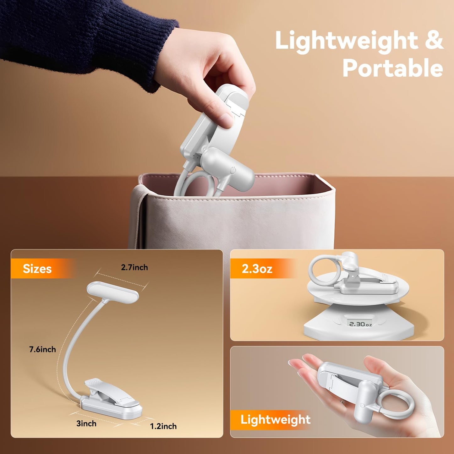 20 LED Rechargeable Book Light for Reading in Bed, Eye Caring 3 Color Temperatures, Adjustable Brightness, 100H Runtime, Durable & Lightweight, Portable Clip On Reading Light for Study, Travel