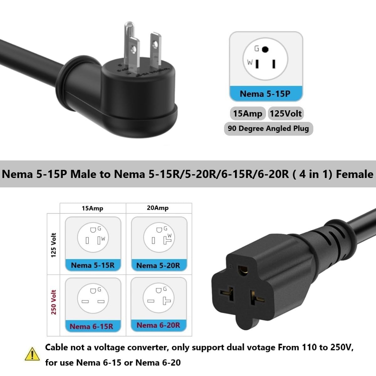 12AWG Right-Angle Plug Adapter 90-Degree 15Amp to 20Amp 1FT, 15 Amp Household Plug to 20 Amp T Blade Adapter Extender, Nema 5-15P to 5-15R/5-20R, 5-15P to 6-15R/6-20R, Angled 15A to 20A Extension cord