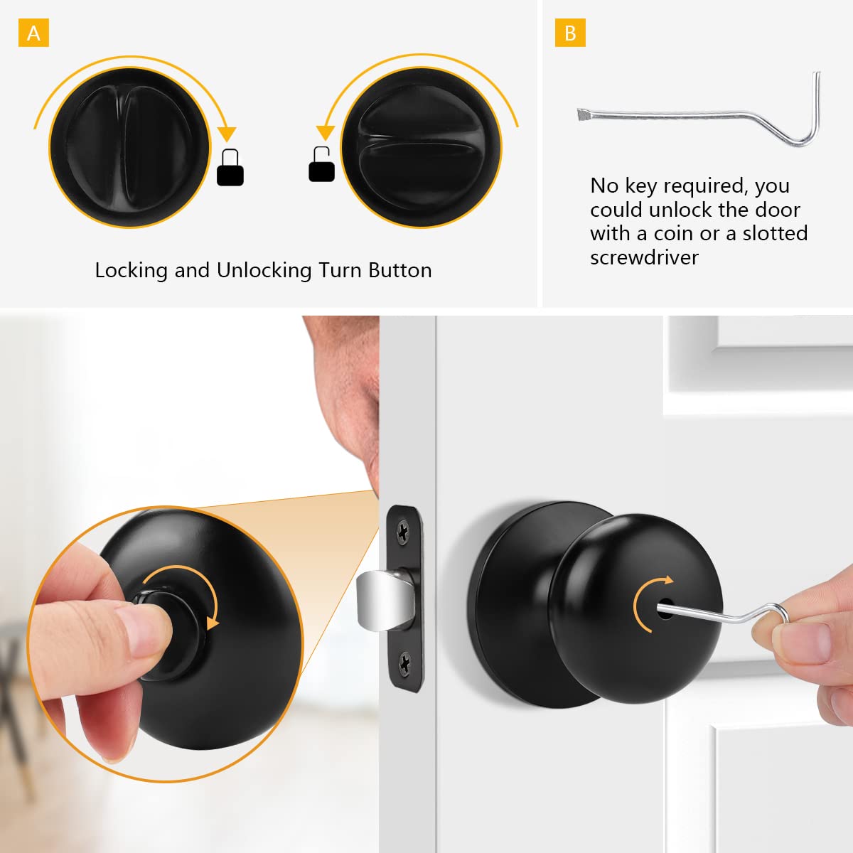 Probrico Keyless Privacy Door knobs for Bathroom Bedroom, Black Door Knobs Interior 10 Pack, Solid Adjustable Latch,Universible Door Handles