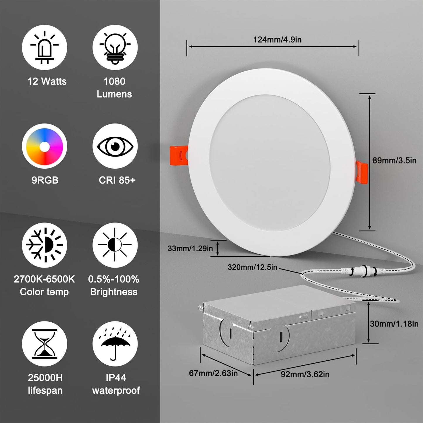 Recessed Lighting 4 Inch RGBCW Color Changing 12W LED Downlights with Junction Box,1080Lumens Canless LED Recessed Ceiling Lights Dimmable by Remote Control,Memory,Timer,Delayed Off,3 Modes, 12Pack