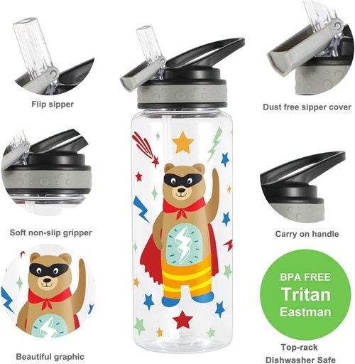 Home Tune 23oz Kids Water Bottle - BPA Free, Leak Proof Flip Straw, Easy Clean | Flash Bear Design