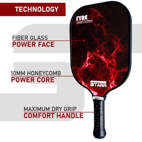 STARR Fyre Series Pickleball Paddle | 10mm Honeycomb Core | Fiber Glass Power Surface (Red)